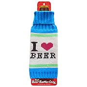 I Love Beer Light Blue Beer Bottle Knit Cozy